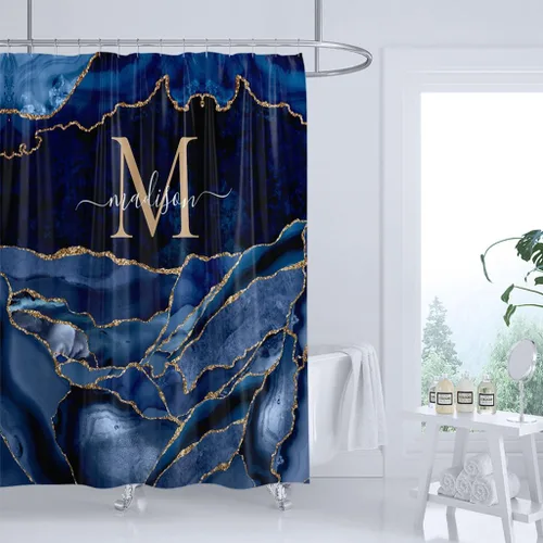 Miniatura 3 de Cortina de ducha azul marino y dorado, cortina de ducha con monograma con nombre personalizado de geoda ágata con 12 ganchos, decoración de bañera