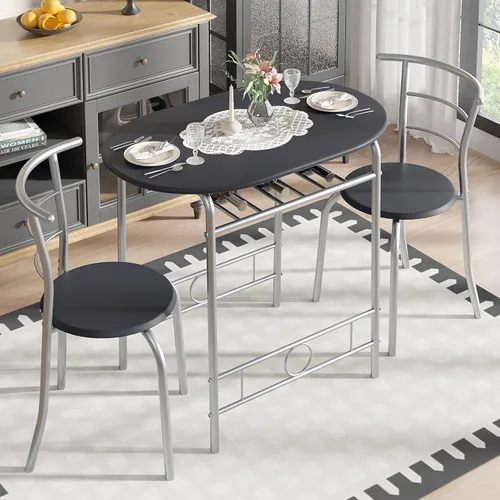 Miniatura 13 de VECELO Juego de mesa de comedor de 3 piezas para rincón de desayuno, mesa ovalada de mármol sintético y marco de metal con estante de vino Blanco