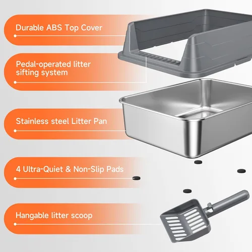 Miniatura 8 de Caja de arena de acero inoxidable para gatos, caja de arena de metal sin olor con tapa de lados altos, bandeja de arena de entrada baja con parte