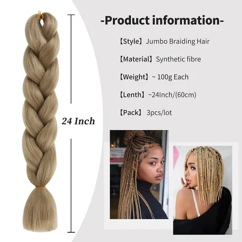Miniatura 4 de Extensiones de cabello trenzado rubio natural, color rubio miel, trenzado a ganchillo, fibra sintética de alta temperatura para mujeres, 24 27#