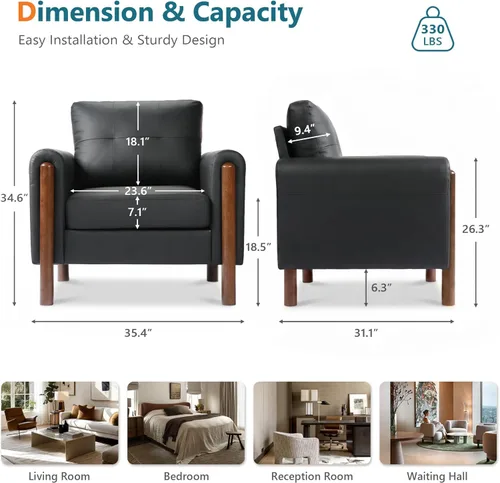 Miniatura 2 de STHOUYN 35" Black Leather Oversized Accent Chair with Wood Armrests, Mid-Century Modern Tufted Living Room Chair, Comfy Reading Sofa Chair with