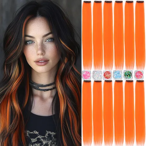 Miniatura 27 de Extensiones de cabello de colores, extensión de cabello liso con clip de 22 pulgadas, extensiones de cabello con brillantina multicolor arcoíris