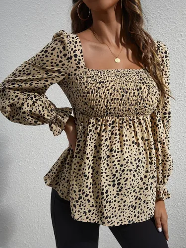 Miniatura 3 de MakeMeChic Camisas de maternidad para mujer, blusa peplum de manga larga con estampado de leopardo