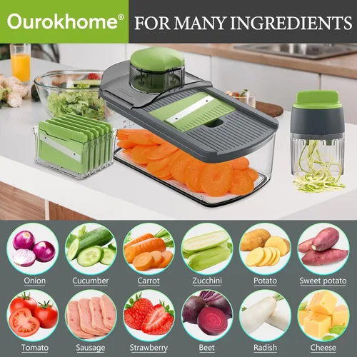 Miniatura 7 de Ourokhome Cortador de mandolina con espiralizador de mano, trituradora de verduras segura para manos con 6 cuchillas de mandolina, cortador de Verde