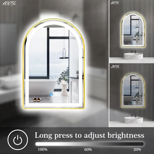 Miniatura 2 de Espejo LED de arco dorado de 16 x 24 pulgadas para baño, pared, maquillaje, mesa, escritorio, espejo de tocador dorado con luces, memoria