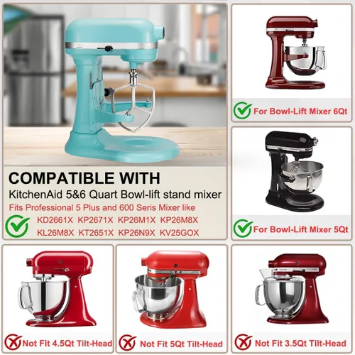 Miniatura 2 de Batidor plano para mezclador KitchenAid de 5-6 cuartos de galón con soporte para tazón, accesorios de mezcla de pala de acero inoxidable