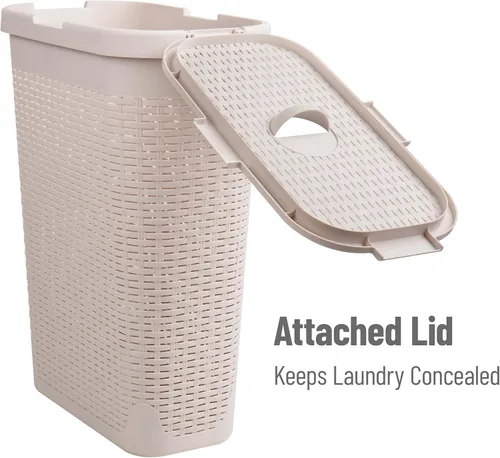 Miniatura 5 de Mind Reader Cesta de lavandería delgada con tapa, cesta de ropa de 40 L, diseño de mimbre premium, plástico, azul bebé