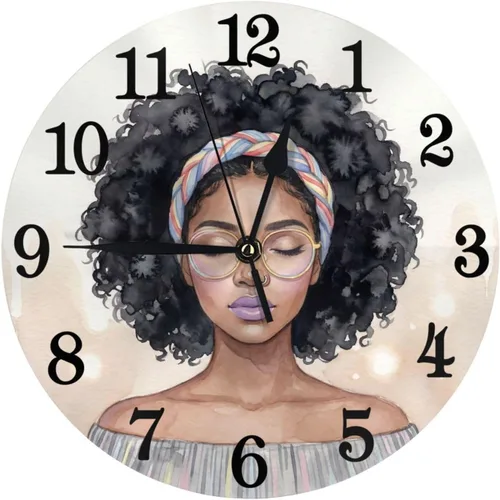 African Black Woman Wall Clock Battery Operated Silent Round Clock Afro Girl Wall Decor for Home Office School, 9.8 Inch