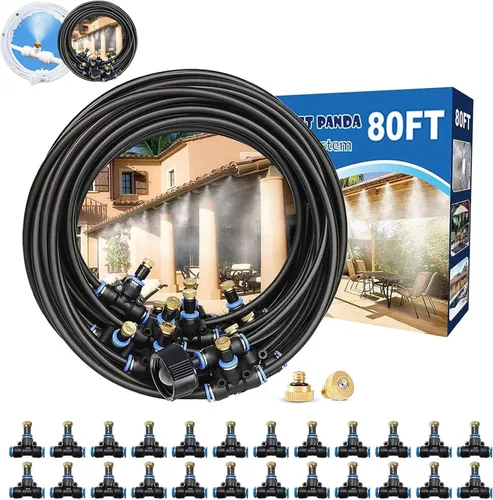 Sistema de nebulización para patio de 80 pies (78.7 ft), manguera de rociador de agua para exteriores, jardín, invernadero, cubierta, paraguas, Negro