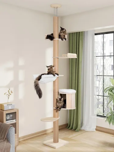 Aechonow Árbol alto de piso a techo para gatos grandes, torre para gatos con poste rascador, altura ajustable (82-122 pulgadas), cama cueva grande