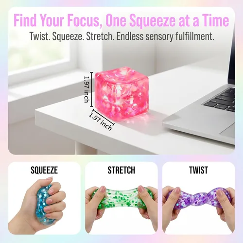 Miniatura 2 de 4 Pack Glitter Ice Cube Squishy, Slow Rising Stress Relief Toys, Square Stree Balls Fidget Toys for Adults Boys Girls, Squeeze Ball Sensory Toys for