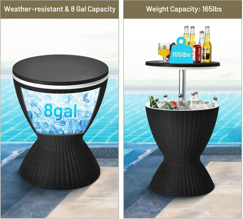 Miniatura 4 de Tangkula Mesa de Bar para Exteriores, Mesa de Patio de Ratán con Enfriador de Cerveza y Vino de 8 Galones, Cubo de Hielo para Todo Clima