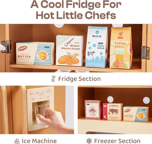 Miniatura 3 de ROBOTIME Refrigerador de madera para niños, refrigerador de cocina de juguete para niños pequeños, refrigerador de juguete con máquina de hielo