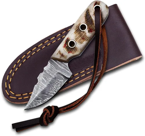 Medieval Supplies - Cuchillo EDC de acero de Damasco de 4.5 pulgadas, hoja fija, mini cuchillo para desollar, supervivencia, camping y entusiastas