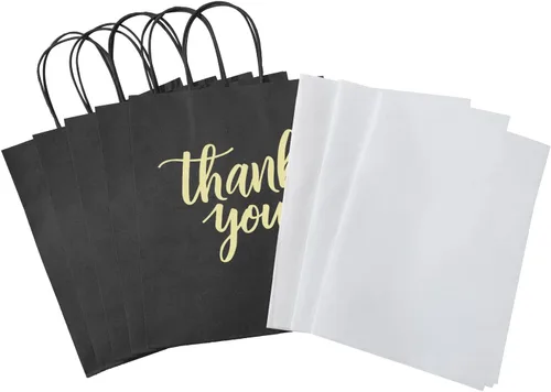 Miniatura 8 de DjinnGlory Paquete de 50 bolsas de papel de agradecimiento negras de tamaño mediano con asas de 10 x 8 x 4 pulgadas y papel de seda blanco para Negro