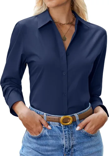 Miniatura 19 de siliteelon Camisa con botones para mujer: camisa de vestir con cuello de manga larga de algodón con botones, blusa de trabajo y oficina