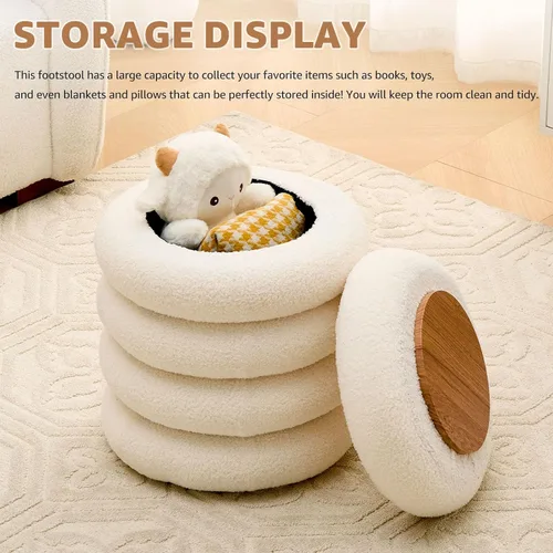 Miniatura 4 de Wimarsbon Otomana redonda de almacenamiento, moderno reposapiés de sherpa, taburete de tocador de peluche con bandeja abatible, silla de maquillaje