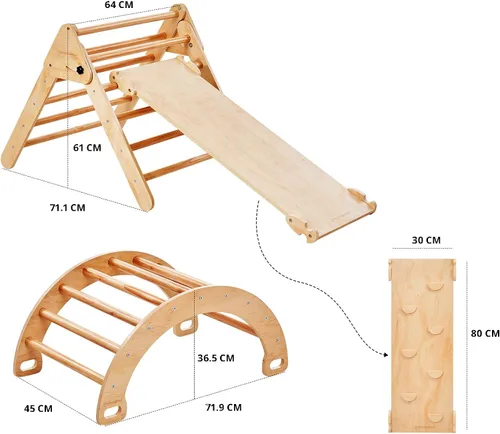 Miniatura 4 de Greenwalnut Juego de 2 triángulos de madera de Pikler + rampa/tobogán - Gimnasio de madera para niños - Escalera de madera para escalada - Pikler