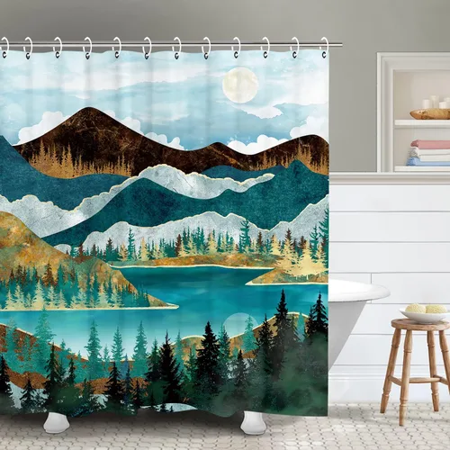 Miniatura 18 de RosieLily Cortina de ducha con diseño de lago de montaña, cielo nocturno estrellado, paisaje de luna y bosque para baño, 72 pulgadas de ancho x 72