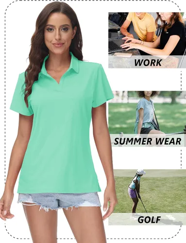 Miniatura 7 de TACVASEN Polo de manga corta con cuello en V para mujer, con protección solar UPF 50+, secado rápido, para golf