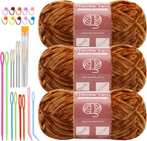 Miniatura 32 de LUNARM Hilado de chenilla para tejer y hacer ganchillo, 3 madejas de 240 metros de hilo grueso, suave y voluminoso, para tejer mantas, ropa y Beige