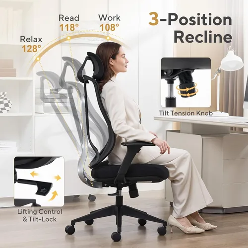 Miniatura 6 de Nouhaus Strato Silla de oficina ergonómica, sillas de oficina en casa de malla, cómodas con reposabrazos 3D, respaldo ajustable en altura, Negro