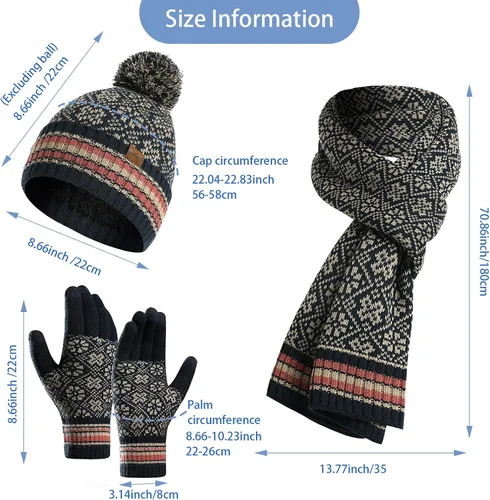 Miniatura 8 de 3 piezas de gorro de invierno bufanda y guantes para pantalla táctil para mujer, gorro de punto, gorro de cuello cálido, bufanda con forro polar