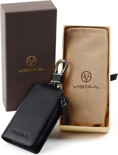 Miniatura 7 de VISOUL Leather Car Key Fob Case Holder for Men and Women, Zipper Keychain Protector Cover with Metal Hook for House Keys