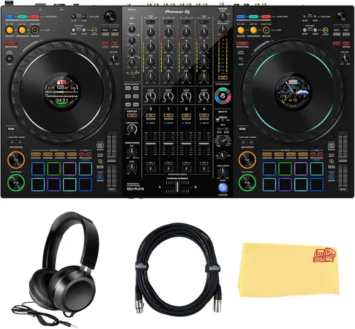 Miniatura 10 de Pioneer DJ DDJ-FLX10 Controlador profesional de DJ de 4 canales, paquete negro con funda de transporte, auriculares HDJ-CUE1, cable XLR y paño