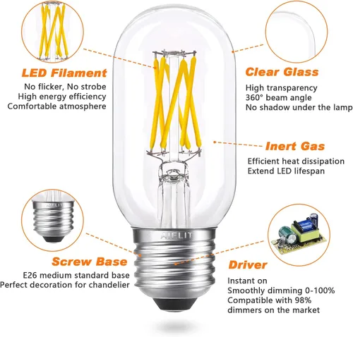 Miniatura 7 de Bombilla LED E26 regulable T45/T14, 6 W (equivalente a 60 W), blanco suave 3000 K, bombillas LED vintage de filamento para lámpara de araña de baño