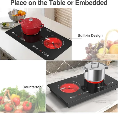 Miniatura 4 de VBGK Placa de cocina eléctrica de 3 quemadores, estufa eléctrica de 24 pulgadas, control táctil y de perilla, LED, 9 niveles de potencia, bloqueo