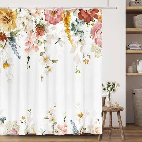 Miniatura 21 de Tititex Blomming - Cortina de ducha floral blanca brillante, hojas verdes acuarela en la parte superior, decoración de baño de planta