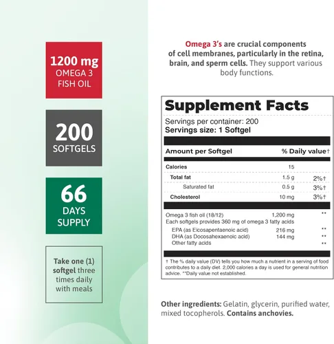 Miniatura 2 de Aceite de pescado Omega 3 1200 mg - 360 mg de ácidos grasos omega-3 - Apoya la salud cardíaca y circulatoria - Suplemento de aceite de pescado
