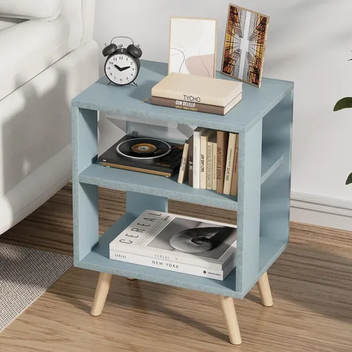 Aenuert Mesita de noche azul para niños, mesa auxiliar moderna con almacenamiento abierto, mesa de noche de 2 niveles para espacio pequeño, sala de