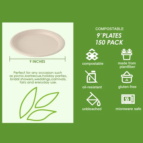 Miniatura 3 de Vplus 150 unidades de platos de papel 9 pulgadas 100% compostables, platos de papel desechables resistentes de bagazo natural biodegradable 9