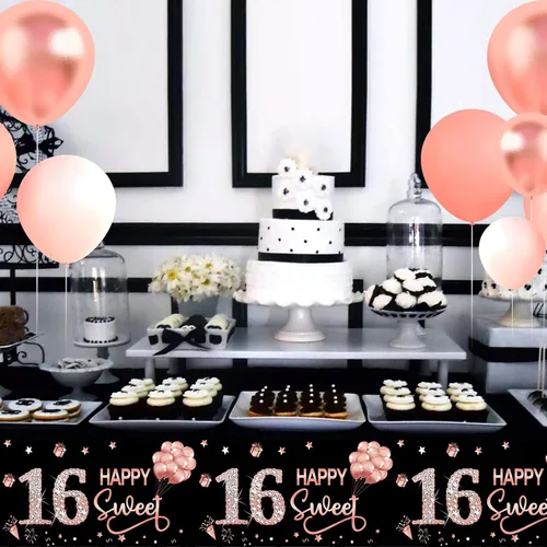 Miniatura 6 de Paquete de 3 manteles decorativos de cumpleaños dulce 16 para niñas, cubierta de mesa con temática de feliz cumpleaños dieciséis en oro rosa