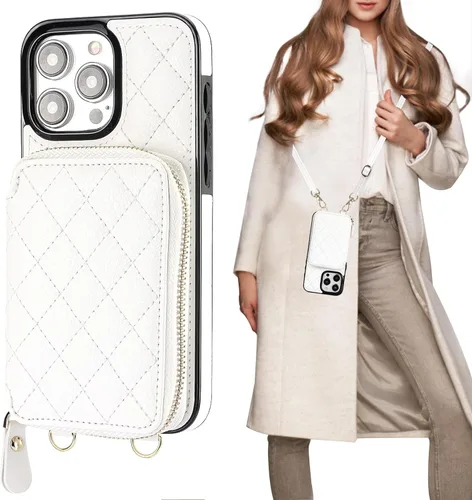 Miniatura 16 de Bocasal Funda tipo cartera cruzada para iPhone 15 Pro Max, con bloqueo RFID, de piel sintética, con cremallera, funda tipo cartera con función atril