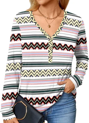 Miniatura 2 de BISHUIGE Camisetas de manga larga con botones para mujer, túnica Henley con cuello en V, sudadera casual
