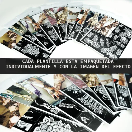 Miniatura 6 de 10 hojas de plantillas de tatuaje de henna 10 pares de plantillas de tatuaje temporal para brazo y mano Tatuajes indios árabes con purpurina Negro