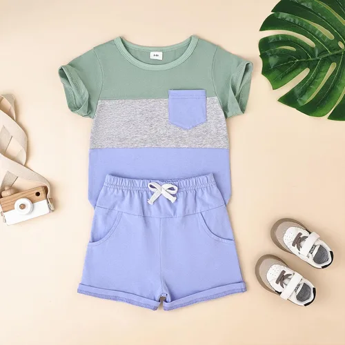 Miniatura 71 de Ropa para bebé niño pequeño, trajes de verano de manga corta, camiseta de retazos y pantalón con bolsillo, conjunto de 2 piezas, 12 meses a 4 años