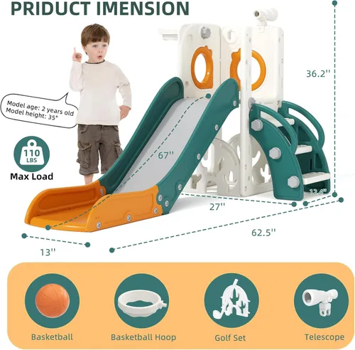 Miniatura 2 de KORIMEFA Tobogán infantil 7 en 1, tobogán infantil para bebés de 1 a 3 años, para interiores y exteriores, con aro de baloncesto y juego de golf