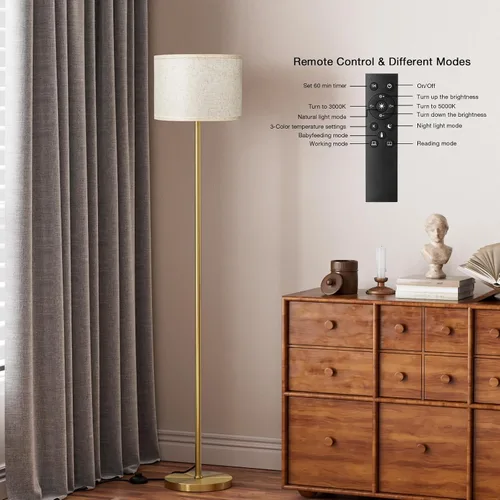 Miniatura 6 de Ambimall - Lámpara de pie moderna con control remoto, lámparas altas para sala de estar, habitación, oficina y comedor, pantalla beige con poste