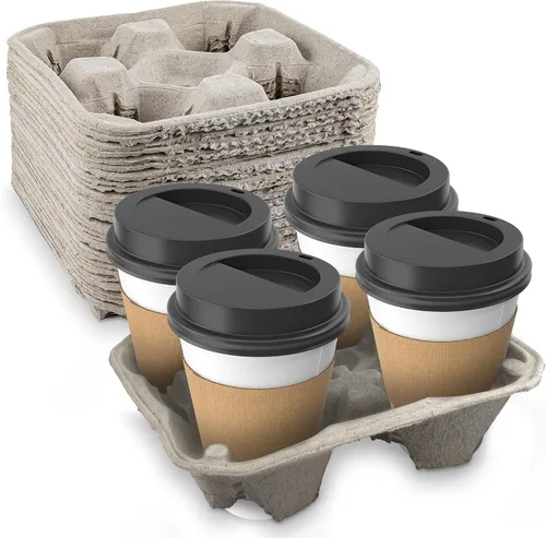 Miniatura 2 de MT Products Charola/soporte para bebidas, biodegradable, de pulpa de fibra de papel, para 4 vasos de bebidas frías o calientes. Paquete de 25