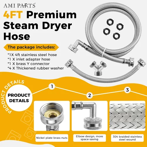 Miniatura 2 de Kit de instalación de manguera para secadora de vapor premium de 4 pies - Incluye manguera de acero inoxidable de 4 pies con codo de 90 grados