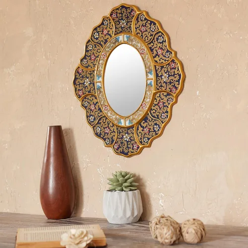 Miniatura 2 de NOVICA Espejo de pared de vidrio pintado en reversa, hecho a mano, madera de vidrio azul metálico andino, espejos decorativos de Perú, flores