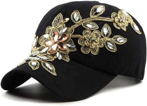 Gudessly Bling - Gorra de béisbol para mujer, diseño de flores, con diamantes de imitación, ajustable, de mezclilla