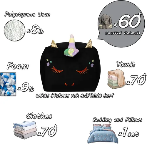 Miniatura 6 de Sillones puf de unicornio negro, ideas de almacenamiento de animales de peluche para decoración de habitación de niñas, soporte y organizador