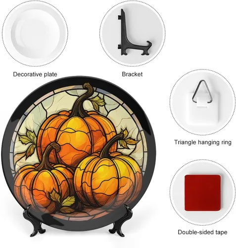 Miniatura 3 de Platos decorativos de Halloween, tres calabazas otoñales, con estampado de vitrales, plato de cena de cerámica para el hogar con soporte de Tres