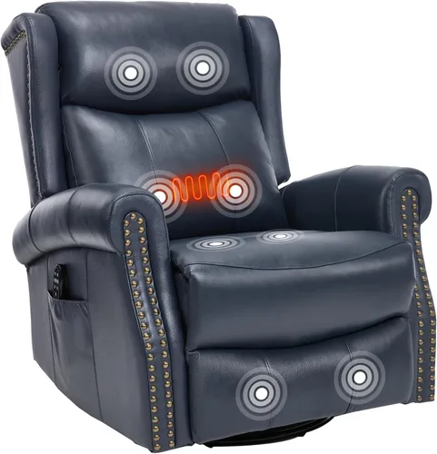 Miniatura 17 de PELUMY Silla reclinable giratoria de cuero transpirable para adultos, balancín giratorio de 360° con masaje térmico y vibratorio, silla de descanso