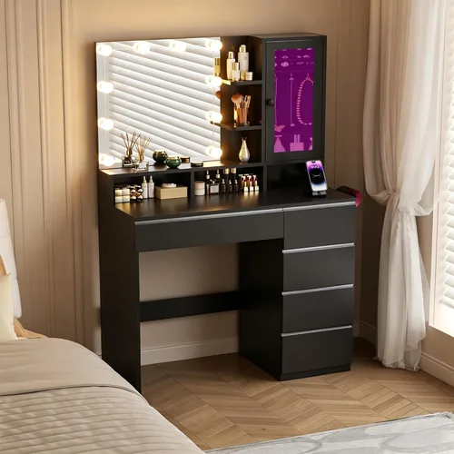 Miniatura 8 de ERLEJIA Escritorio de tocador con espejo de luces LED, mesa de maquillaje con toma de corriente para mujeres y niñas, escritorio de maquillaje